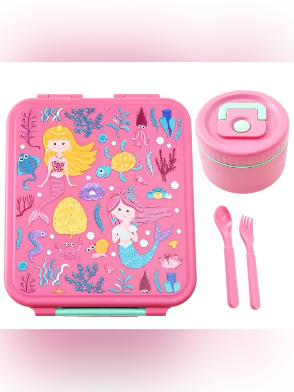 BRAND NEW Pink Mermaid Kids Lunch Bento Box Set with Cutlery